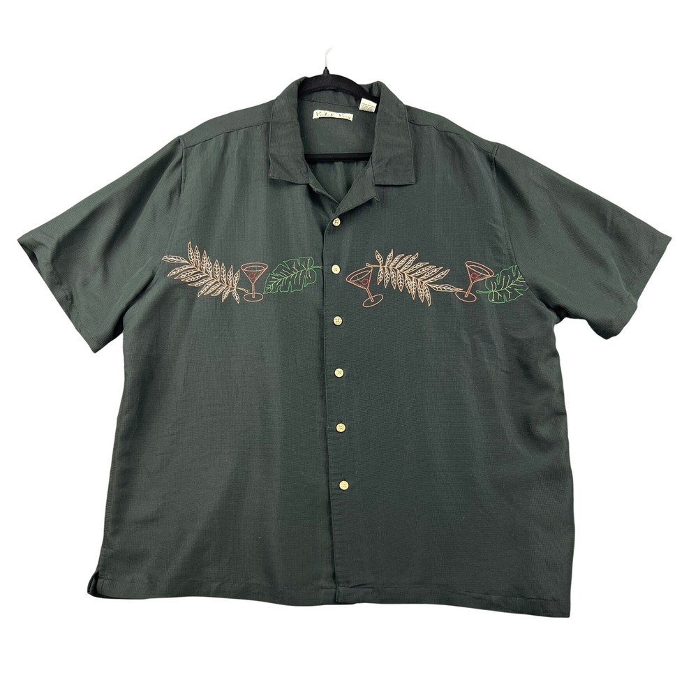 Batik Bay Mens XXL Dark Green Embroidered Cocktail Tropical Camp Shirt 3137